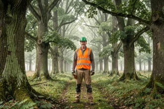 Élagueur professionnel en forêt de chênes en Gironde, représentant le métier d'élagage dans le sud-ouest de la France