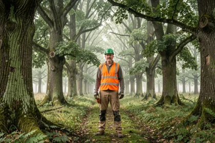Élagueur professionnel en forêt de chênes en Gironde, représentant le métier d'élagage dans le sud-ouest de la France