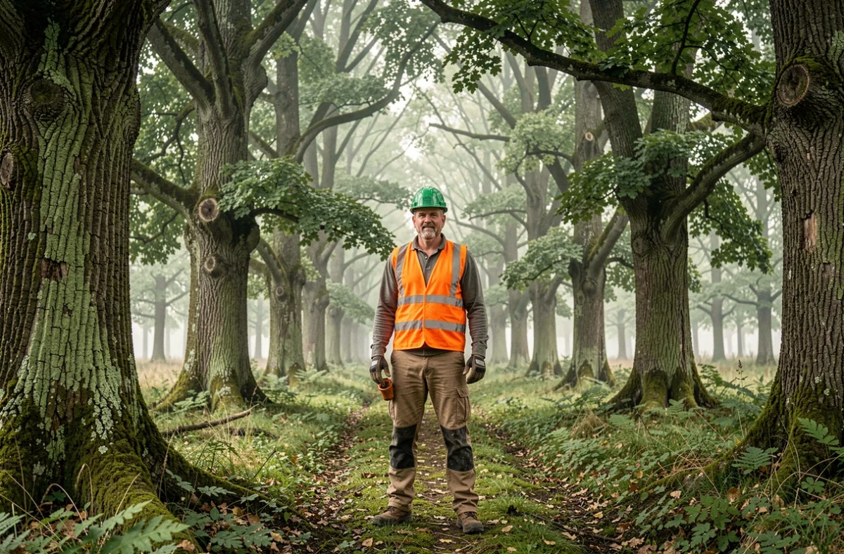 Élagueur professionnel en forêt de chênes en Gironde, représentant le métier d'élagage dans le sud-ouest de la France