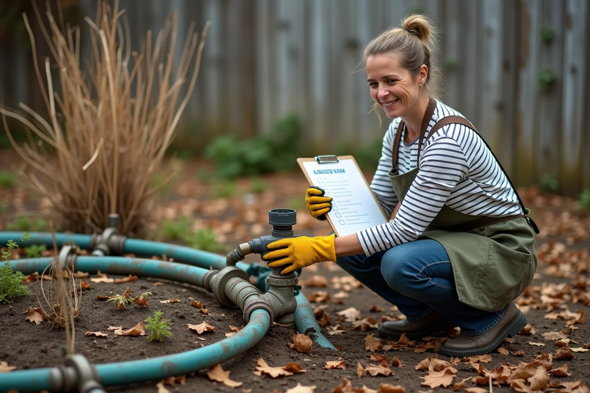 Femme avec presse-papiers inspectant un système d'arrosage endommagé et négligé avec tuyaux fissurés et raccords couverts d'algues