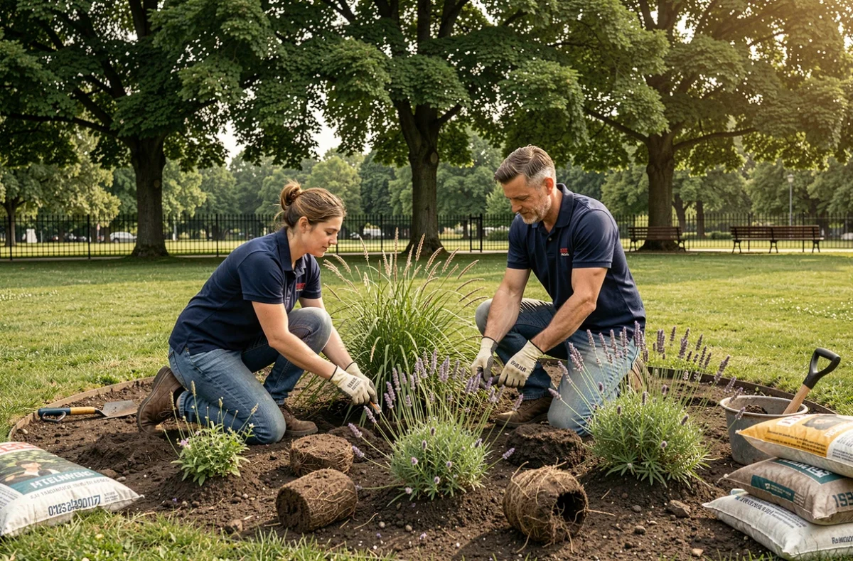 Équipe de paysagistes plantant des graminées ornementales et de la lavande dans un parc public de la métropole de Nancy en Meurthe-et-Moselle