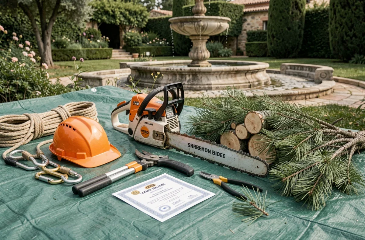 Équipements professionnels d'élagage disposés sur un chantier dans un jardin marseillais