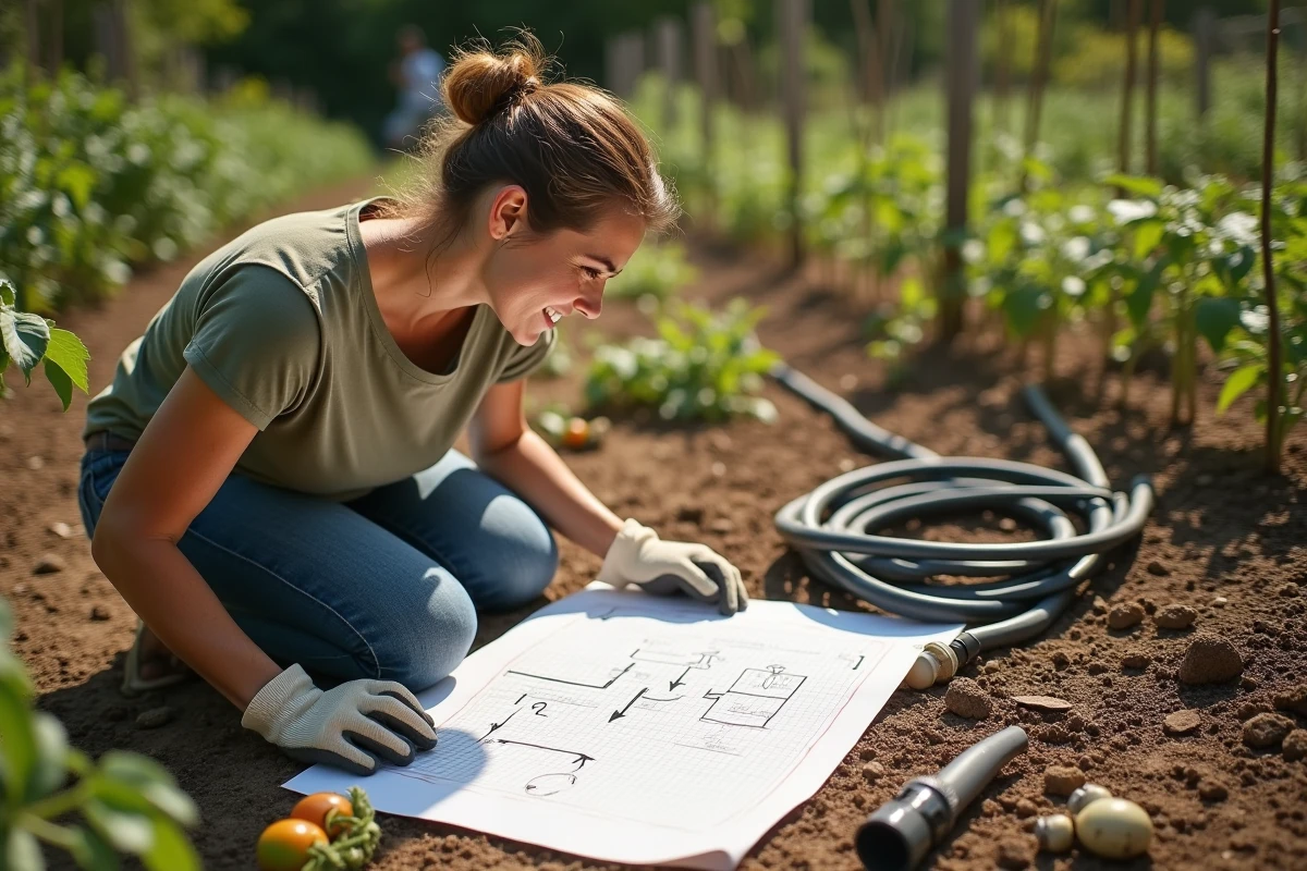 Femme agenouillée dans le potager tenant un plan d'arrosage mal préparé avec des tuyaux en désordre autour d'elle