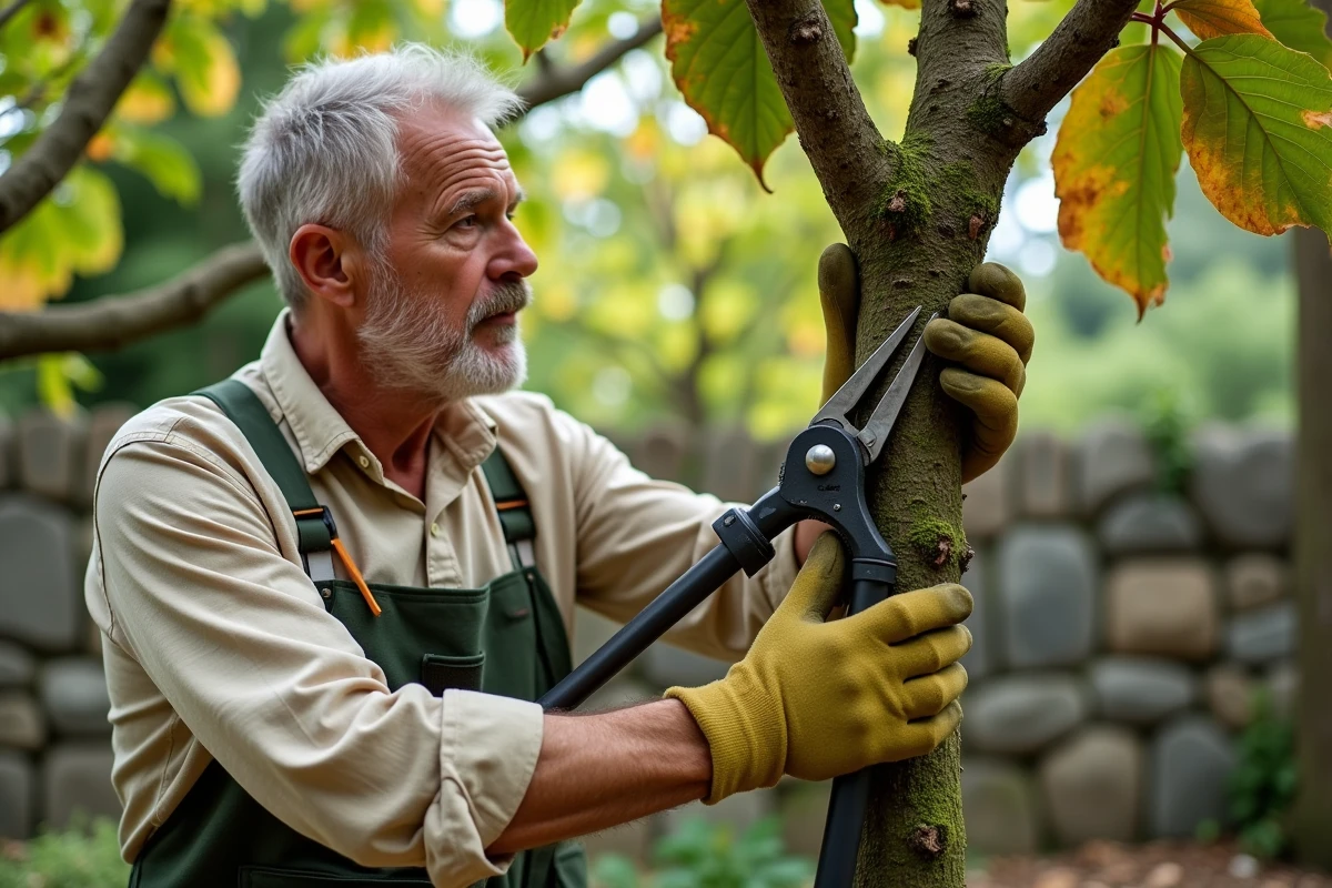 Homme effectuant une taille incorrecte sur un figuier mature avec des cisailles, illustrant les erreurs courantes de taille qui nuisent à l'arbre