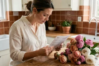 Femme lisant une confirmation de commande de fleurs en ligne à côté d'un bouquet livré, illustrant les erreurs courantes lors d'une première commande sur Promesse de Fleurs