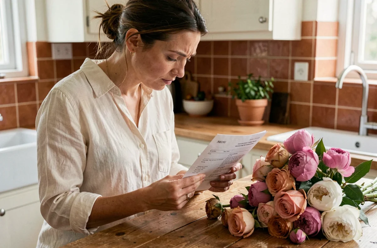 Femme lisant une confirmation de commande de fleurs en ligne à côté d'un bouquet livré, illustrant les erreurs courantes lors d'une première commande sur Promesse de Fleurs