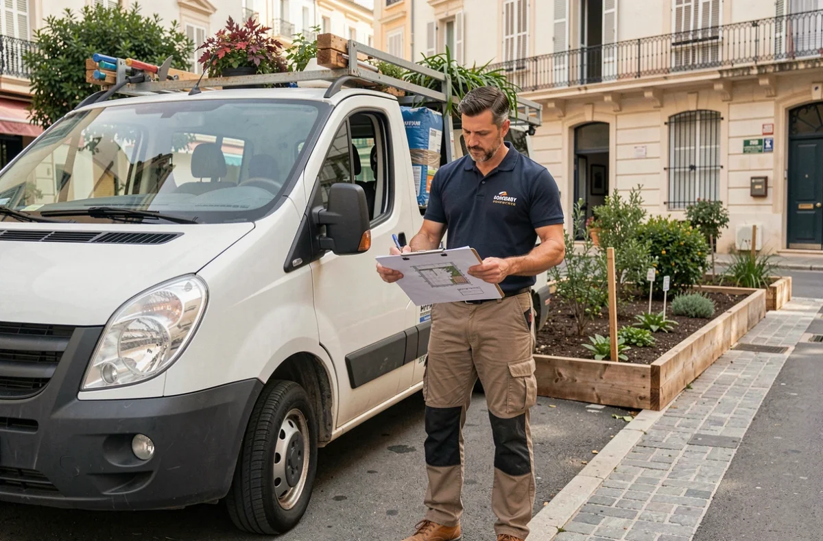 Paysagiste polyvalent d'Espaces Verts Services consultant un plan de chantier devant son véhicule professionnel à Marseille