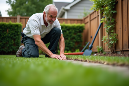 Expert en paysage touchant le gazon artificiel dans un jardin
