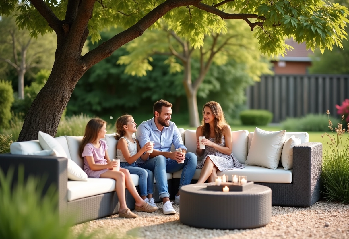 Famille partageant un moment convivial sur un sofa écologique