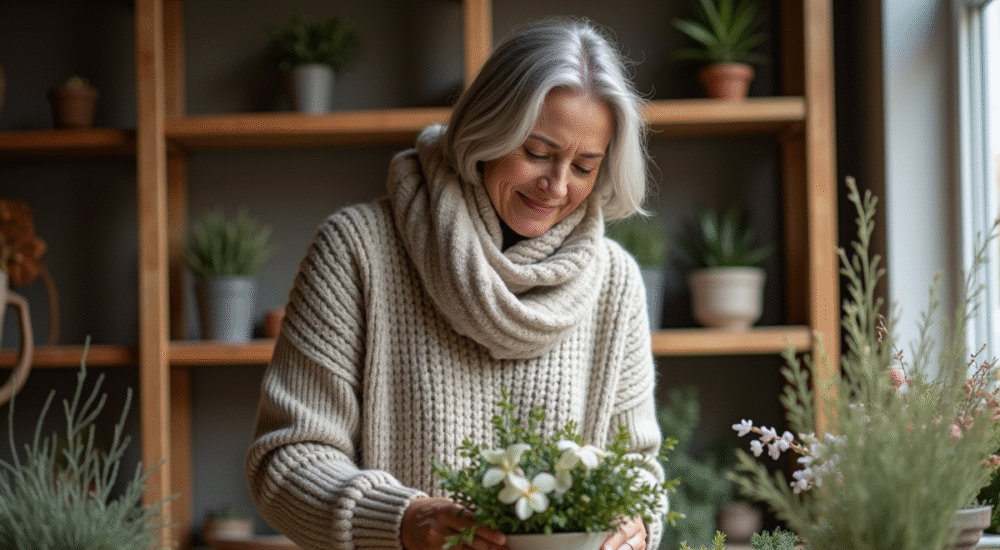 Femme en laine arrangeant des fleurs d'hiver dans un intérieur