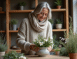 Femme en laine arrangeant des fleurs d'hiver dans un intérieur
