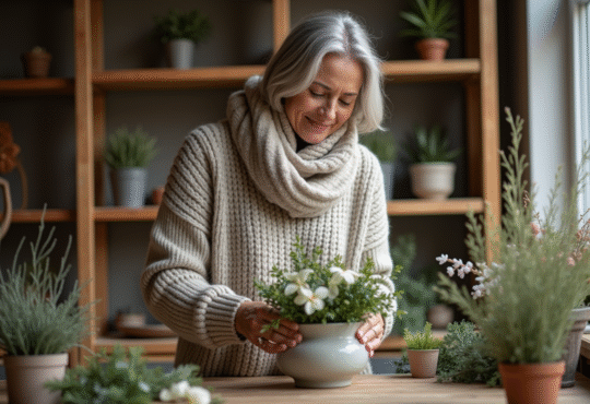 Femme en laine arrangeant des fleurs d'hiver dans un intérieur