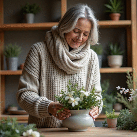 Femme en laine arrangeant des fleurs d'hiver dans un intérieur