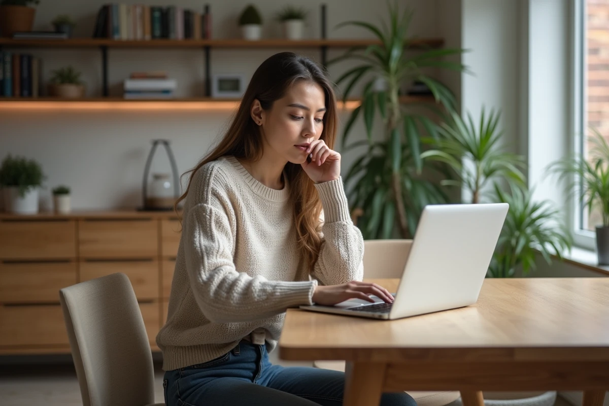 Femme assise à une table vérifiant son ordinateur portable