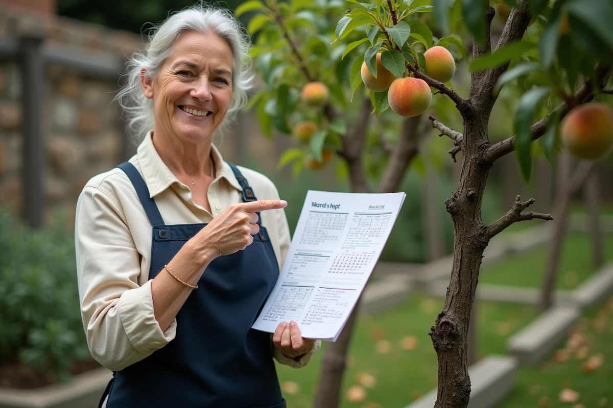 Femme consultant un calendrier de taille pour un pêcher de vigne en gobelet dans un jardin potager