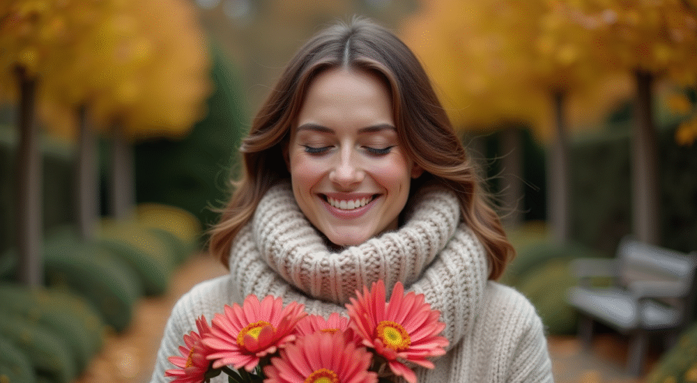Femme souriante tenant des chrysantèmes d'automne