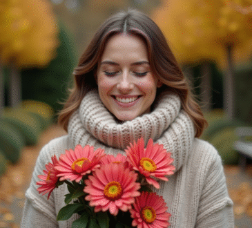 Femme souriante tenant des chrysantèmes d'automne