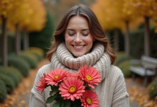 Femme souriante tenant des chrysantèmes d'automne