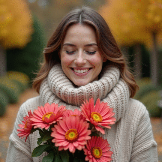 Femme souriante tenant des chrysantèmes d'automne