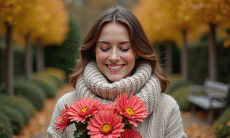 Femme souriante tenant des chrysantèmes d'automne