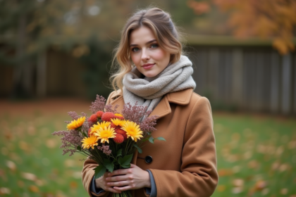 Femme en automne tenant un bouquet de chrysanthèmes