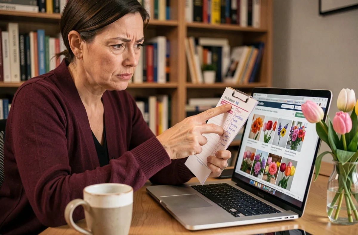 Femme consultant un site de commande de fleurs en ligne avec une liste de vérification pour éviter les erreurs courantes sur Promesse de Fleurs