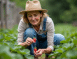 Femme en salopette et chapeau de paille cueillant une fraise