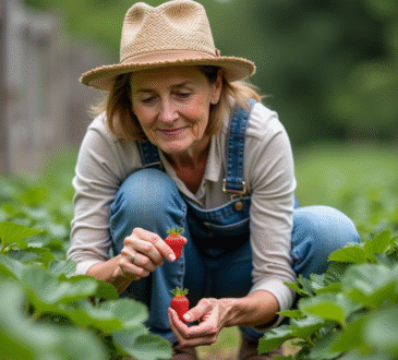 Femme en salopette et chapeau de paille cueillant une fraise
