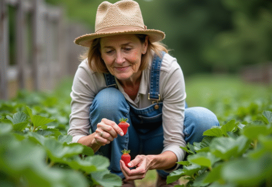 Femme en salopette et chapeau de paille cueillant une fraise