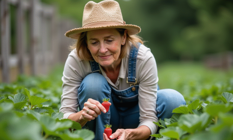 Femme en salopette et chapeau de paille cueillant une fraise