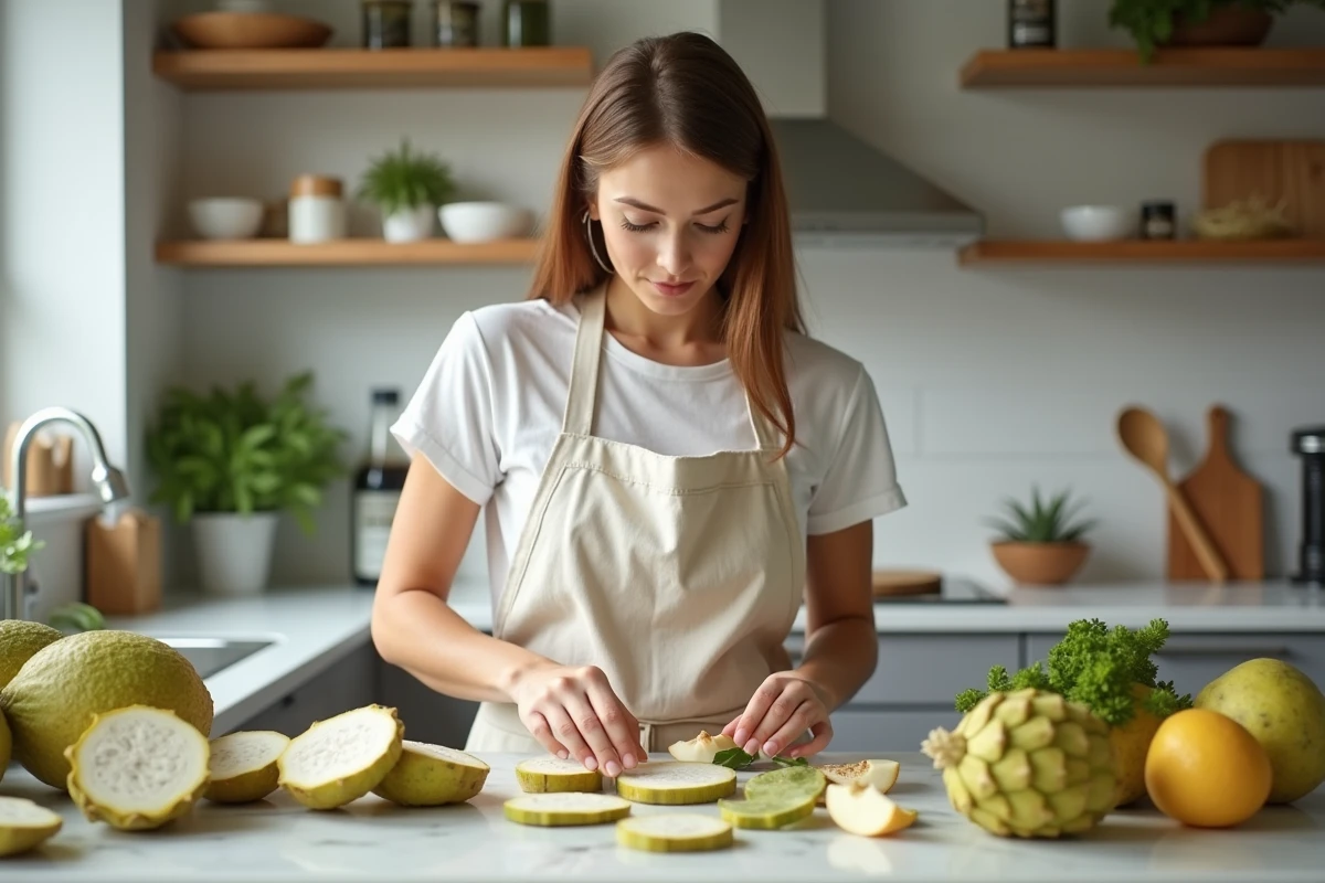Femme en tablier de lin disposant des fruits et légumes en J comme le jacquier et le topinambour sur un plan de travail en marbre