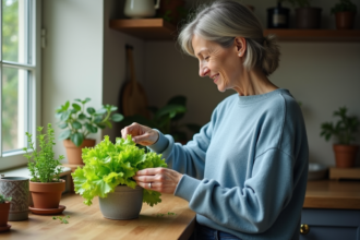 Femme récoltant des feuilles de laitue dans la cuisine