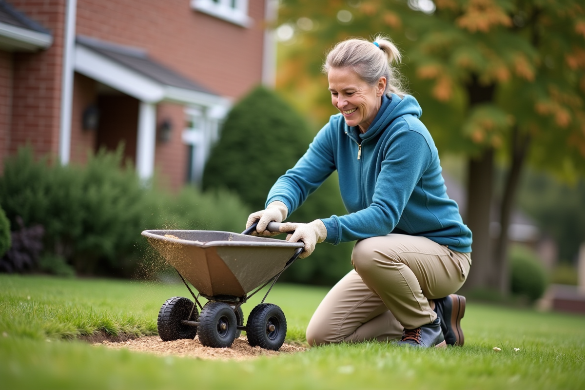 Femme portant des gants étalant des graines sur la pelouse