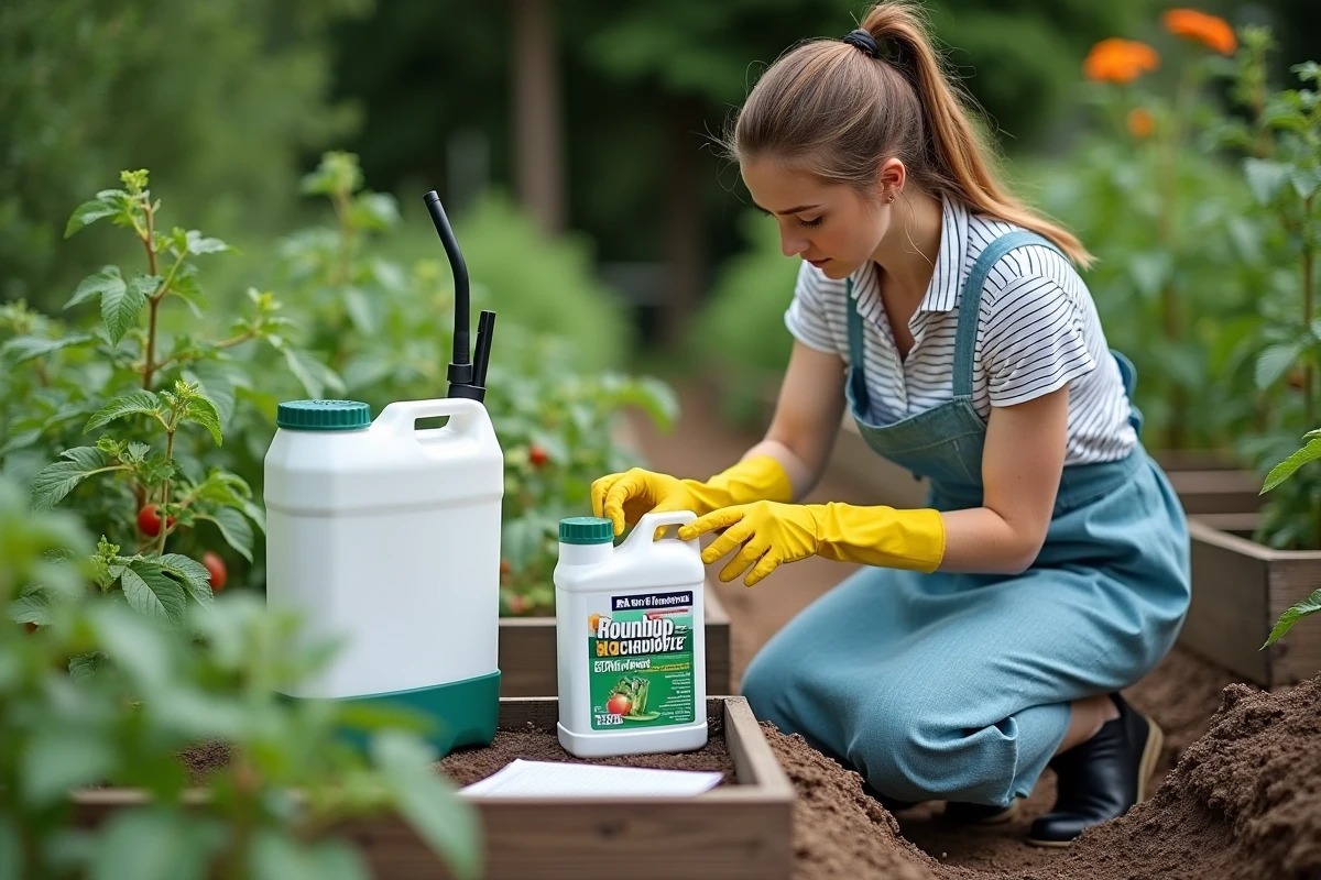 Femme lisant les instructions de dosage du Roundup avant de préparer un traitement herbicide au jardin potager