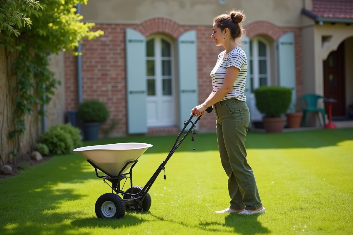 Jeune femme en pantalon de travail utilisant un épandeur dans le jardin