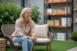 Femme examinant un fauteuil en rotin dans un magasin de jardin