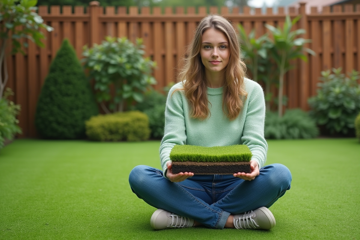 Jeune femme examinant un tapis de gazon artificiel