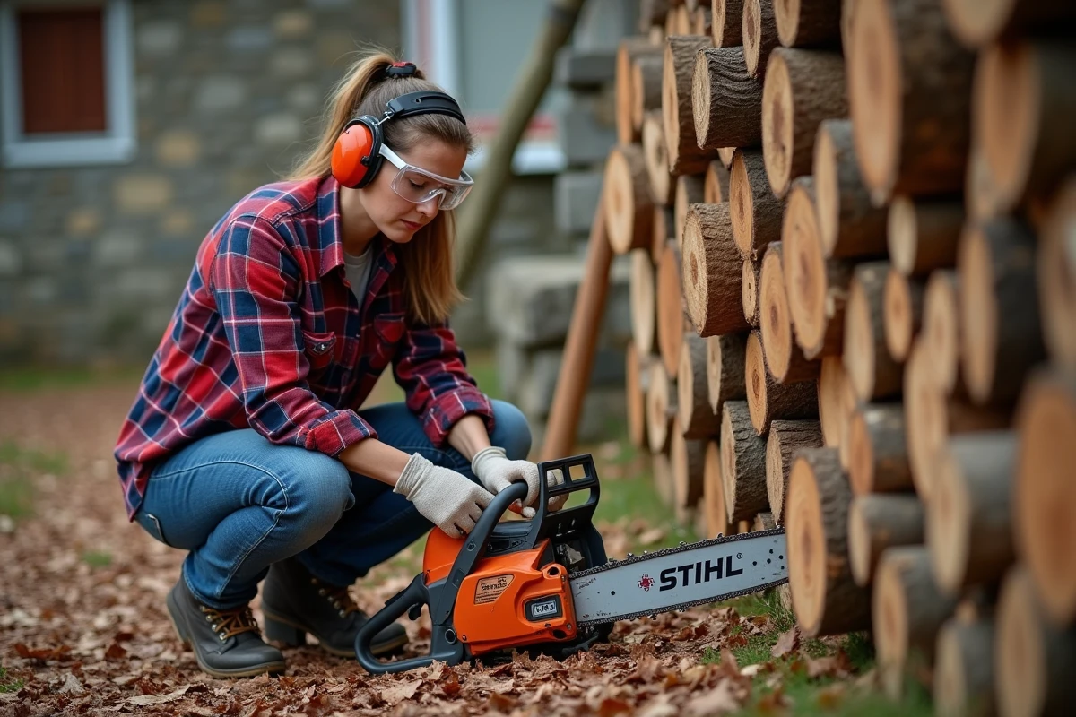 Femme inspectant la chaîne d'une tronçonneuse STIHL MS 211 devant un tas de bois de chauffage dans une cour de ferme en automne