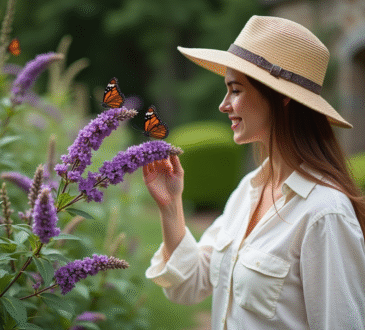 Femme dans un jardin avec fleurs et papillons violets