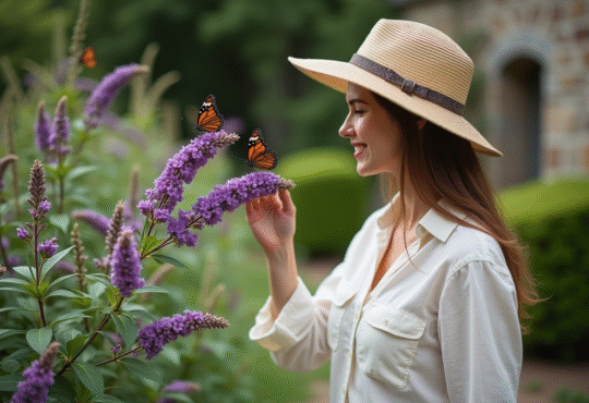 Femme dans un jardin avec fleurs et papillons violets