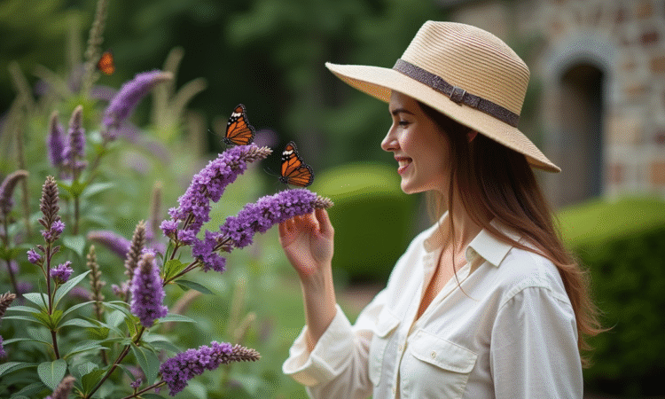 Femme dans un jardin avec fleurs et papillons violets
