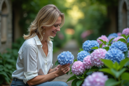 Femme examinant des hortensias dans un jardin paisible