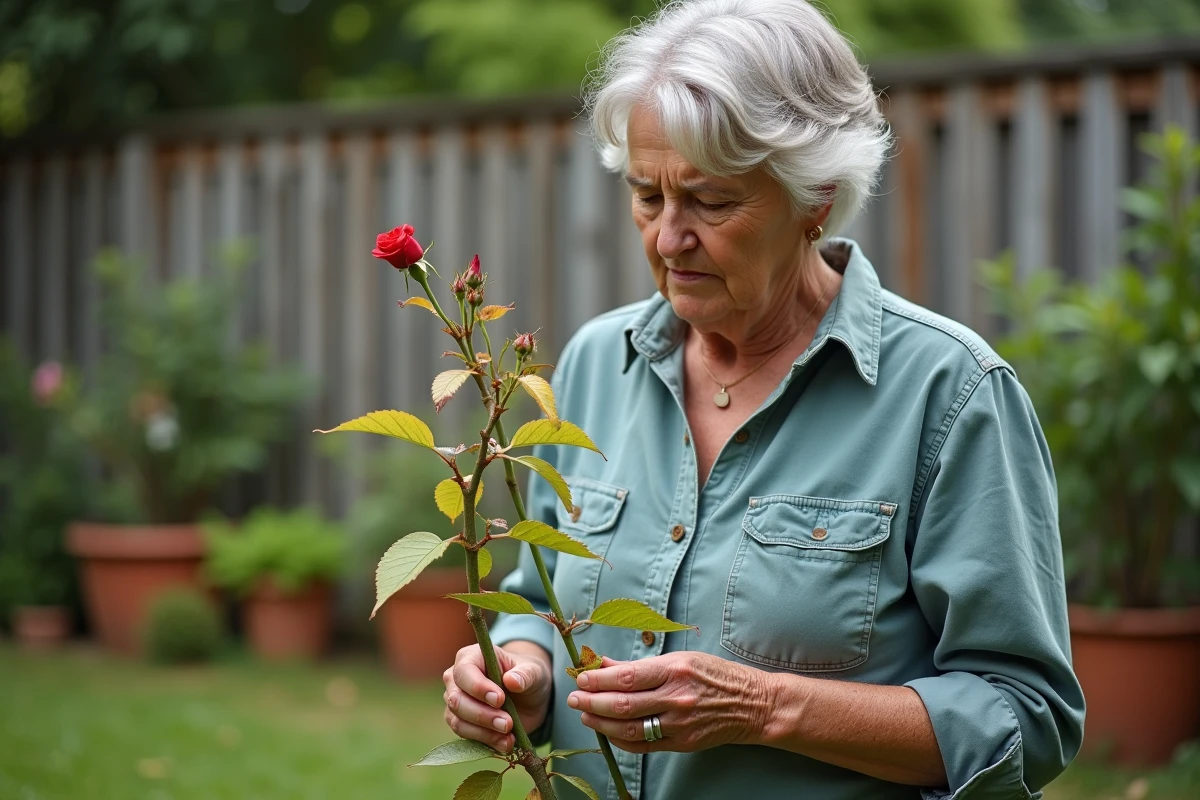 Femme examinant un laurier rose jaunissant dans son jardin