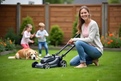 Femme souriante avec tondeuse dans le jardin avec enfants et chien