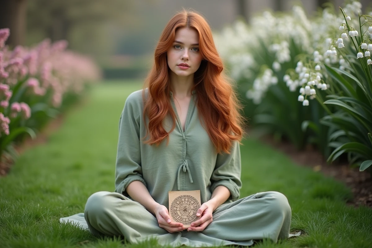 Jeune femme en robe de lin dans un jardin fleuri de muguet tenant une carte du zodiaque au printemps