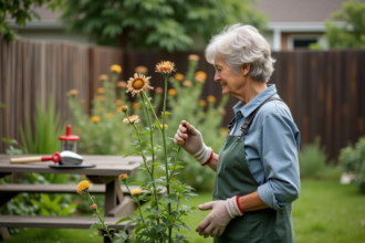 Femme jardinant observant une plante en fleurs fanées dans son jardin