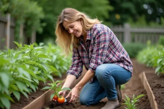 Femme plantant des tomates dans un jardin verdoyant