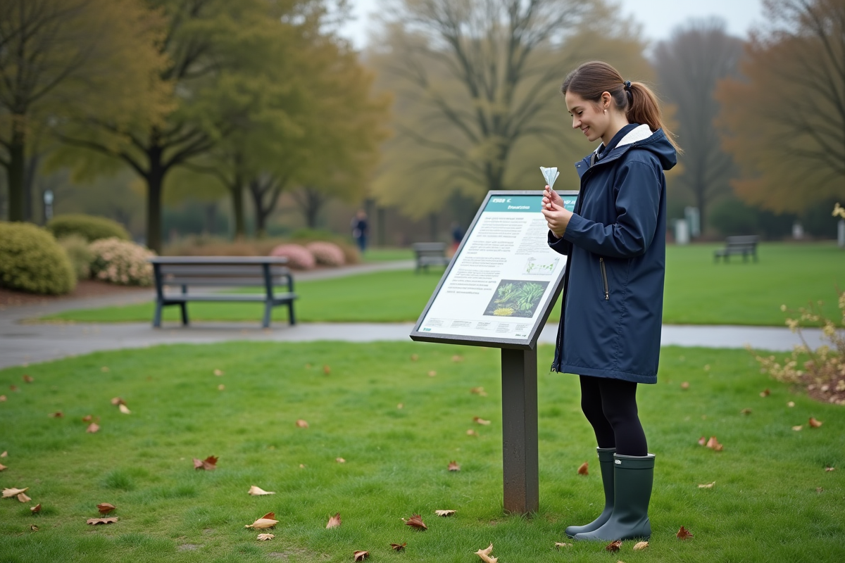 Jeune femme lisant une étiquette de graines dans un parc