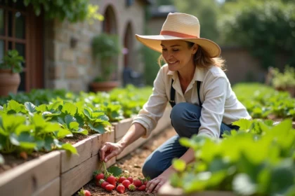 Femme en vêtements légers et chapeau tondant des fraises