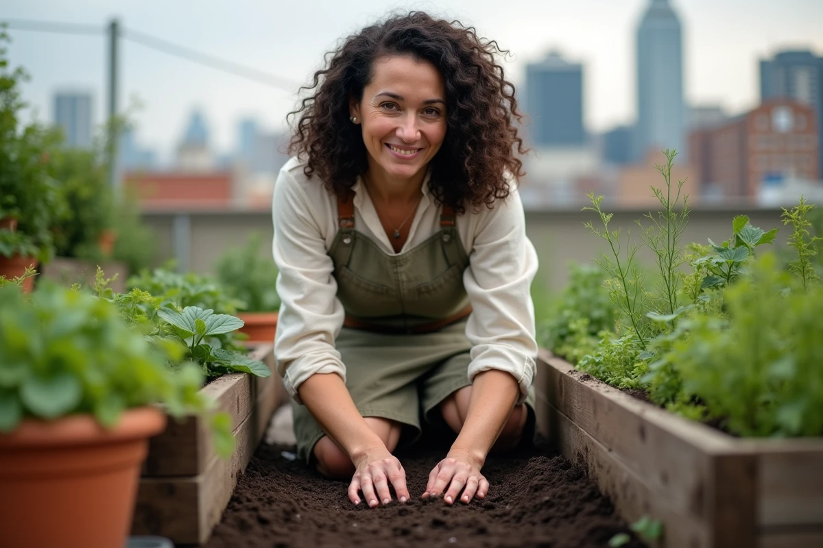 Femme cultivant un jardin potager urbain sur un toit, les mains dans la terre, exprimant une connexion apaisante à la nature pour surmonter l'éco-anxiété